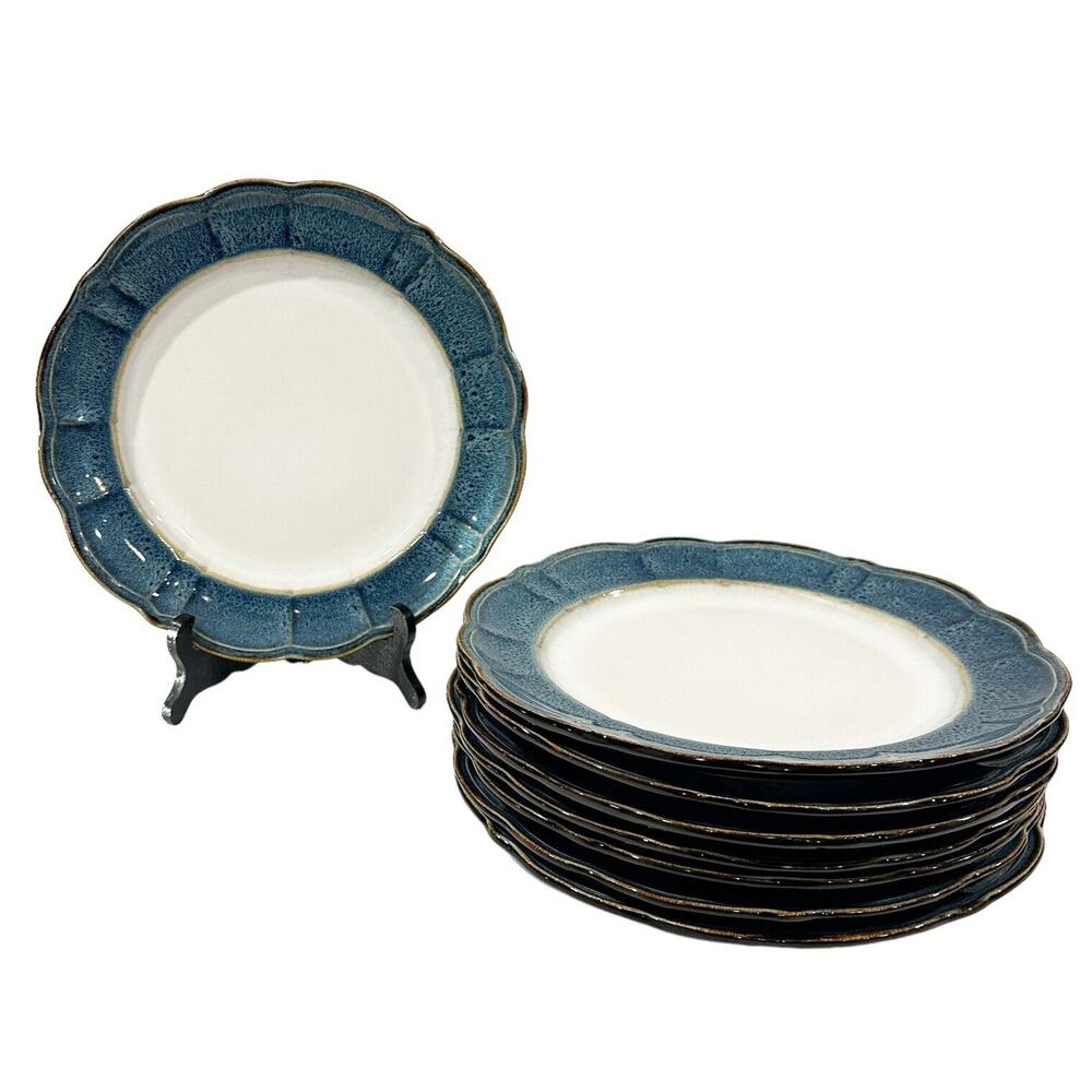 American Atelier Camilla Blue Scalloped Stoneware Dinner Plates 11” Set Of 4